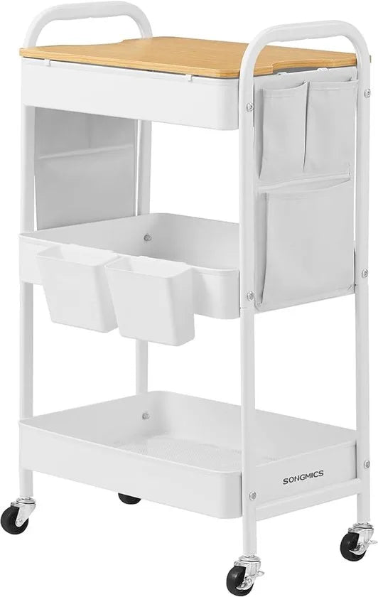Furnstar Rolwagen - Keukentrolley - 3 Metalen Roosterplanken - Serveerwagen - 2 Afneembare Hangbakken - 2 Organizers - Voor Kantoor - Keuken - Woonkamer - Badkamer - Inktzwart - LRC036B01 – Wit