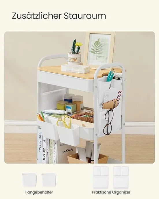Furnstar Rolwagen - Keukentrolley - 3 Metalen Roosterplanken - Serveerwagen - 2 Afneembare Hangbakken - 2 Organizers - Voor Kantoor - Keuken - Woonkamer - Badkamer - Inktzwart - LRC036B01 – Wit