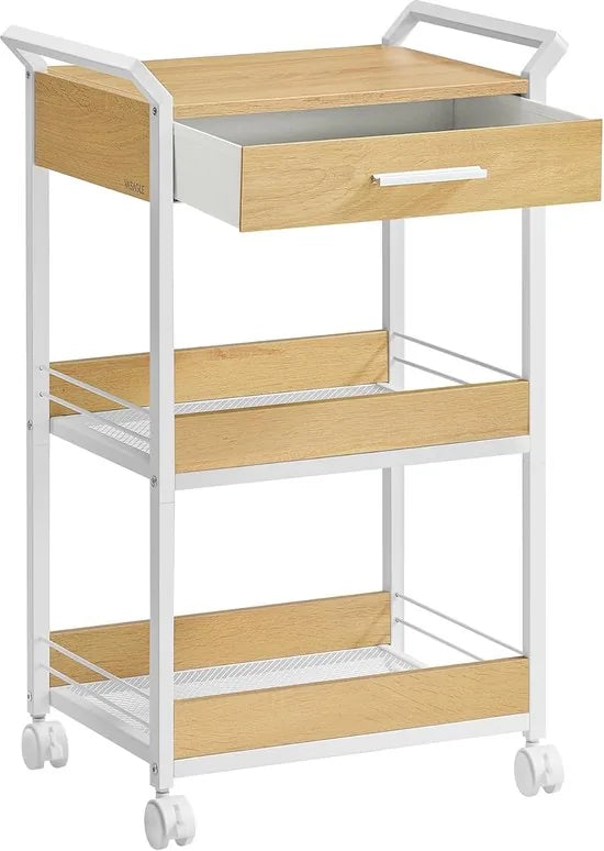 Furnstar - Rolwagen - Keukentrolley - 3 niveaus - Serveerwagen met remmen - Houten spaanplaat - Bovenste lade - Opbergrek voor keuken badkamer slaapkamer - Vintage bruin Inktzwart – Goudkleurig eiken-wolkenwit