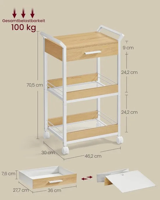 Furnstar - Rolwagen - Keukentrolley - 3 niveaus - Serveerwagen met remmen - Houten spaanplaat - Bovenste lade - Opbergrek voor keuken badkamer slaapkamer - Vintage bruin Inktzwart – Goudkleurig eiken-wolkenwit