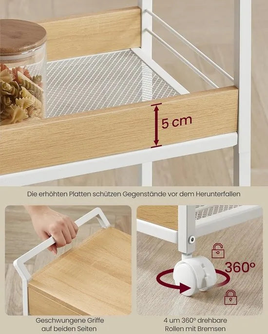Furnstar - Rolwagen - Keukentrolley - 3 niveaus - Serveerwagen met remmen - Houten spaanplaat - Bovenste lade - Opbergrek voor keuken badkamer slaapkamer - Vintage bruin Inktzwart – Goudkleurig eiken-wolkenwit