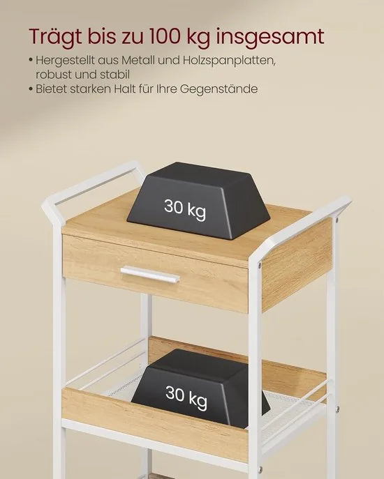 Furnstar - Rolwagen - Keukentrolley - 3 niveaus - Serveerwagen met remmen - Houten spaanplaat - Bovenste lade - Opbergrek voor keuken badkamer slaapkamer - Vintage bruin Inktzwart – Goudkleurig eiken-wolkenwit