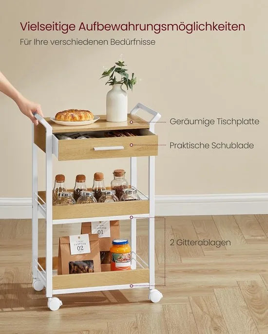 Furnstar - Rolwagen - Keukentrolley - 3 niveaus - Serveerwagen met remmen - Houten spaanplaat - Bovenste lade - Opbergrek voor keuken badkamer slaapkamer - Vintage bruin Inktzwart – Goudkleurig eiken-wolkenwit