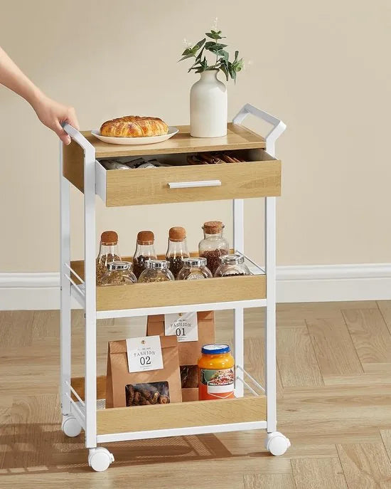 Furnstar - Rolwagen - Keukentrolley - 3 niveaus - Serveerwagen met remmen - Houten spaanplaat - Bovenste lade - Opbergrek voor keuken badkamer slaapkamer - Vintage bruin Inktzwart – Goudkleurig eiken-wolkenwit