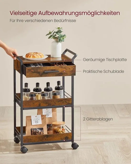 Furnstar - Rolwagen - Keukentrolley - 3 niveaus - Serveerwagen met remmen - Houten spaanplaat - Bovenste lade - Opbergrek voor keuken badkamer slaapkamer - Vintage bruin Inktzwart