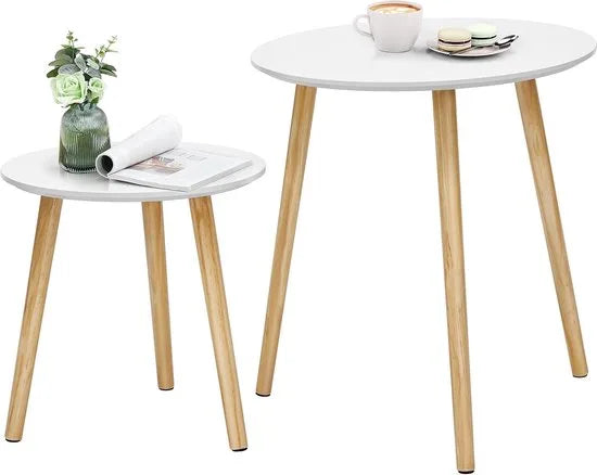 Furnstar Ronde Bijzettafelset – Set van 2 Salontafels – Scandinavische Stijl – Massief Houten Poten – Minimalistisch Design – Wit/Naturel