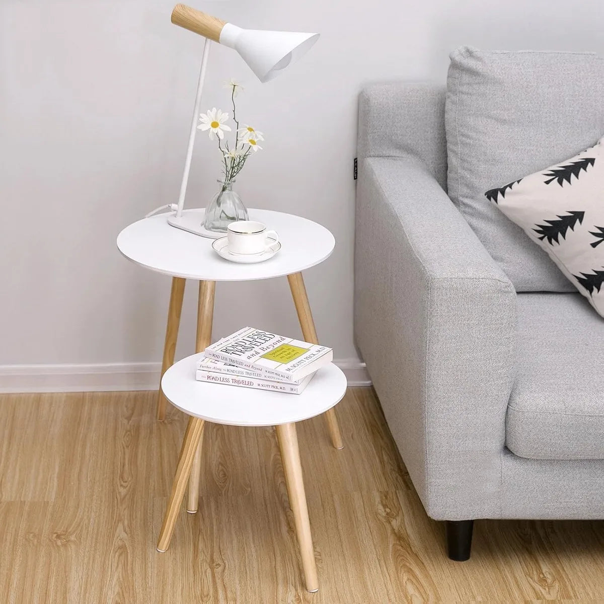 Furnstar Ronde Bijzettafelset – Set van 2 Salontafels – Scandinavische Stijl – Massief Houten Poten – Minimalistisch Design – Wit/Naturel