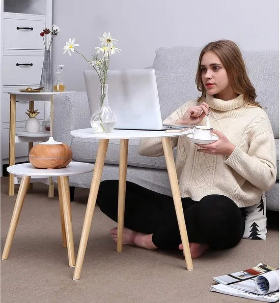 Furnstar Ronde Bijzettafelset – Set van 2 Salontafels – Scandinavische Stijl – Massief Houten Poten – Minimalistisch Design – Wit/Naturel