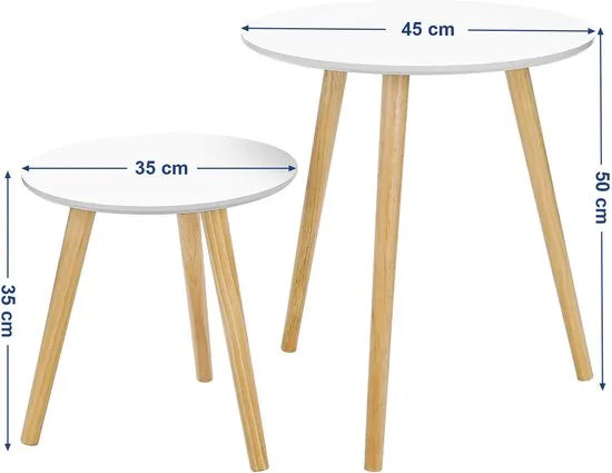 Furnstar Ronde Bijzettafelset – Set van 2 Salontafels – Scandinavische Stijl – Massief Houten Poten – Minimalistisch Design – Wit/Naturel