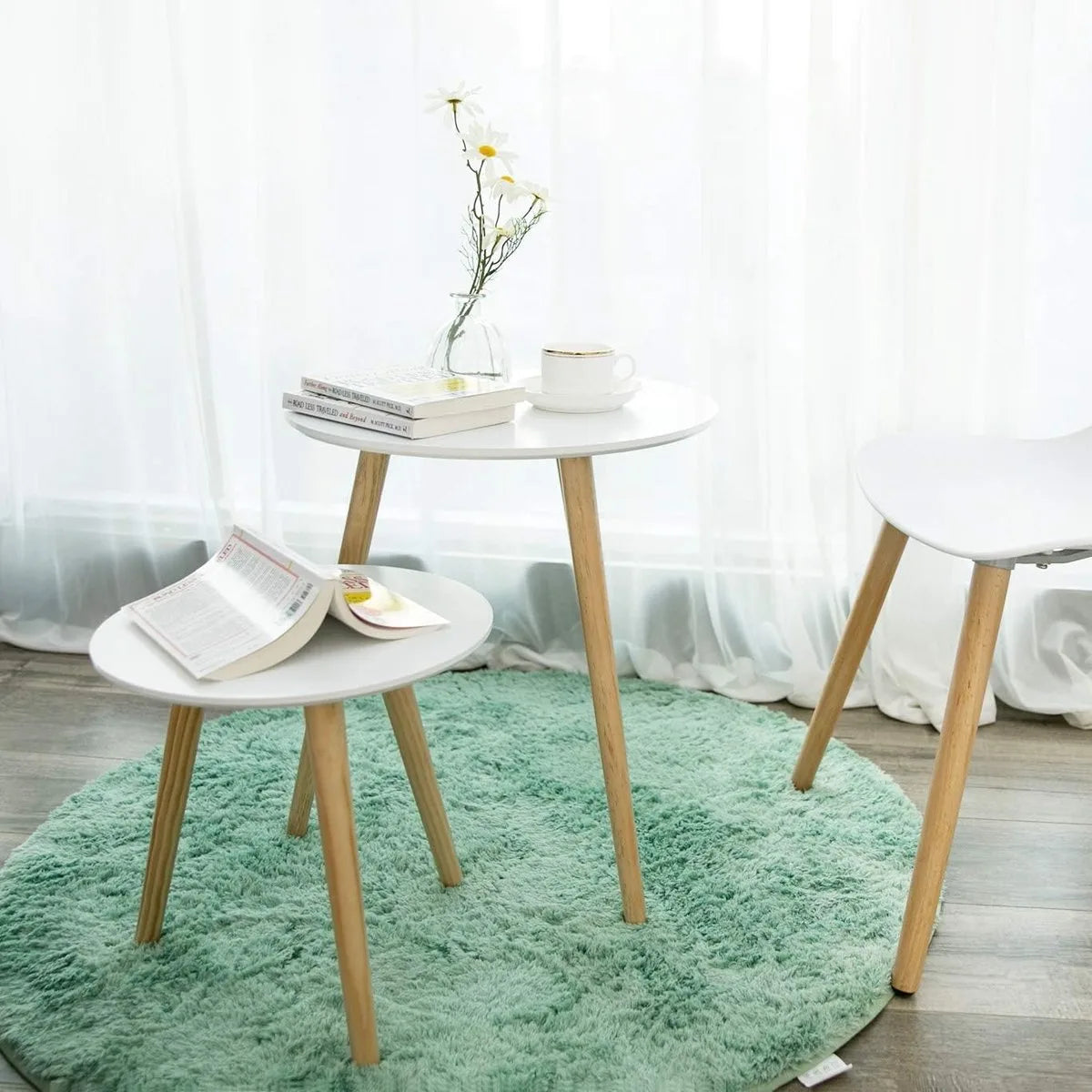 Furnstar Ronde Bijzettafelset – Set van 2 Salontafels – Scandinavische Stijl – Massief Houten Poten – Minimalistisch Design – Wit/Naturel