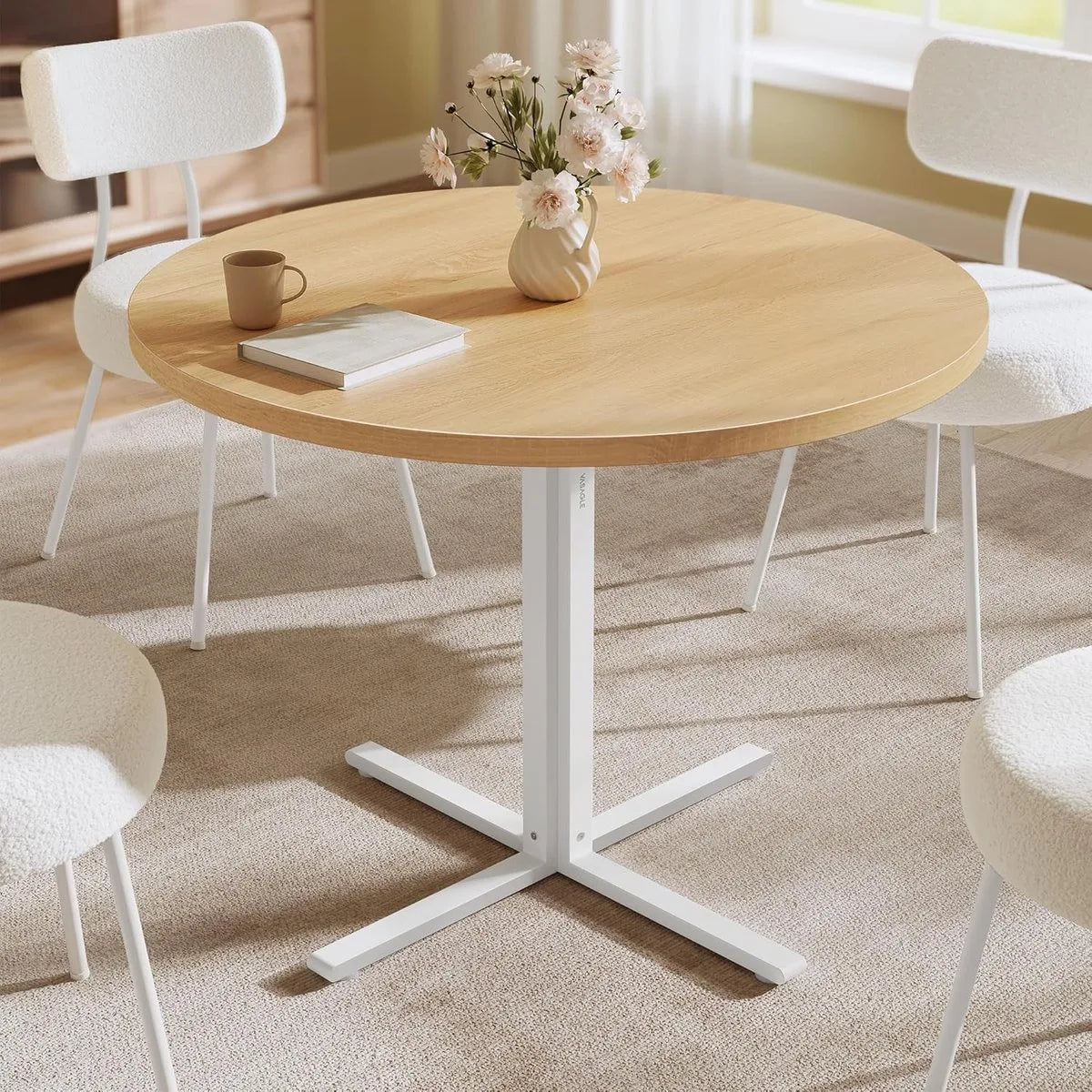 Furnstar Ronde Eettafel 80 cm – Eetkamertafel voor 2-4 Personen – Landelijke Stijl – Waterbestendig & Krasvast –Wit- Eiken