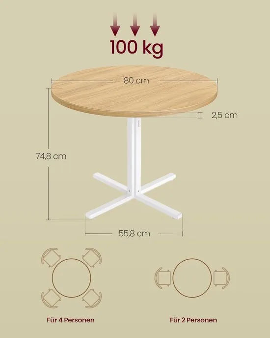 Furnstar Ronde Eettafel 80 cm – Eetkamertafel voor 2-4 Personen – Landelijke Stijl – Waterbestendig & Krasvast –Wit- Eiken