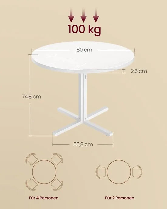 Furnstar Ronde Eettafel 80 cm – Eetkamertafel voor 2-4 Personen – Landelijke Stijl – Waterbestendig & Krasvast –Wit- Eiken – Wit