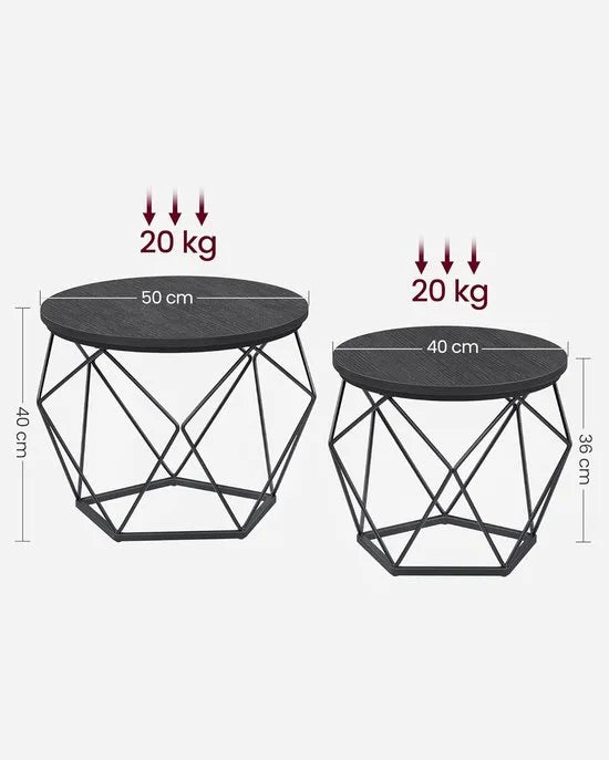 Furnstar Ronde Salontafels Set van 2 – Bijzettafels – Modern Design – Afneembaar Tafelblad – Stalen Frame – Zwart