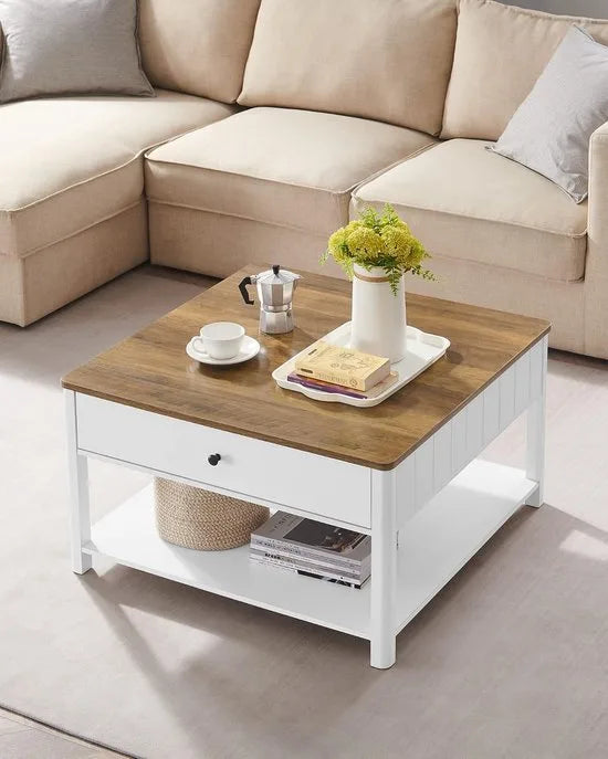 Furnstar Salontafel 80x80x45 cm – Met 2 Grote Lades & Open Vak – Veel Opbergruimte – Maritieme Stijl – Walnootbruin/Wit