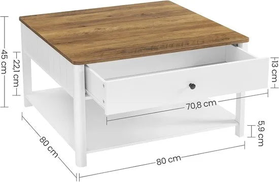 Furnstar Salontafel 80x80x45 cm – Met 2 Grote Lades & Open Vak – Veel Opbergruimte – Maritieme Stijl – Walnootbruin/Wit