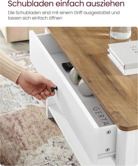Furnstar Salontafel 80x80x45 cm – Met 2 Grote Lades & Open Vak – Veel Opbergruimte – Maritieme Stijl – Walnootbruin/Wit