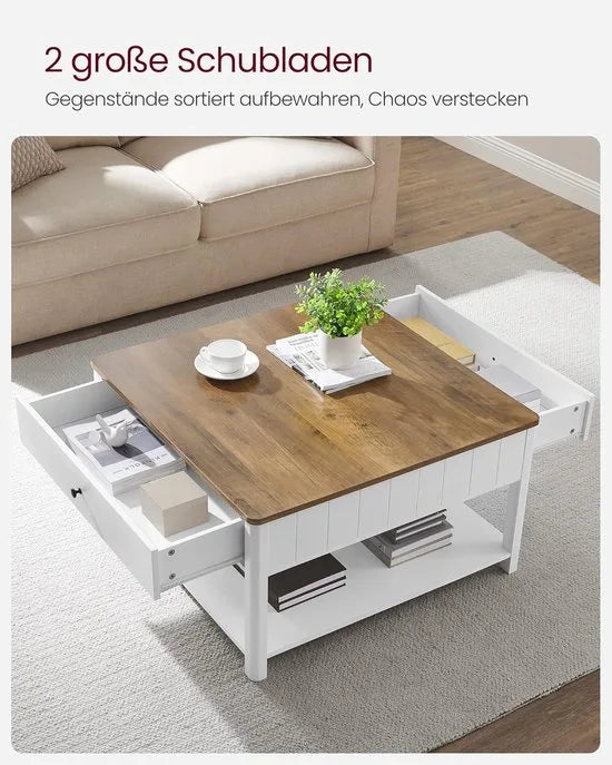 Furnstar Salontafel 80x80x45 cm – Met 2 Grote Lades & Open Vak – Veel Opbergruimte – Maritieme Stijl – Walnootbruin/Wit