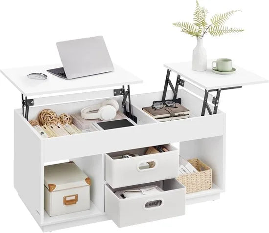 FurnStar – Salontafel – In hoogte verstelbaar – 2 laden & verborgen vakken – Moderne koffietafel – 50 x 100 x 48/62,3 cm – Havermoutbeige – Sneeuwwit