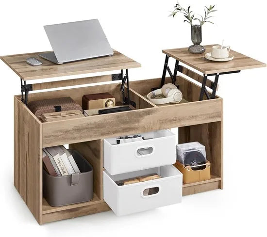 FurnStar – Salontafel – In hoogte verstelbaar – 2 laden & verborgen vakken – Moderne koffietafel – 50 x 100 x 48/62,3 cm – Havermoutbeige – Camelbruin-wolkenwit