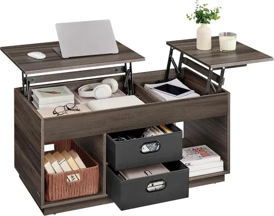 FurnStar – Salontafel – In hoogte verstelbaar – 2 laden & verborgen vakken – Moderne koffietafel – 50 x 100 x 48/62,3 cm – Havermoutbeige – Camel bruin zwart
