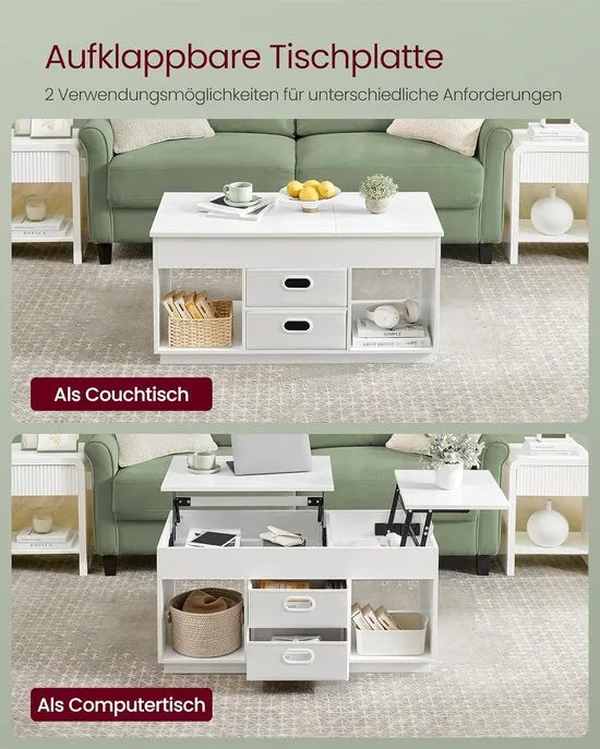 FurnStar – Salontafel – In hoogte verstelbaar – 2 laden & verborgen vakken – Moderne koffietafel – 50 x 100 x 48/62,3 cm – Havermoutbeige – Sneeuwwit