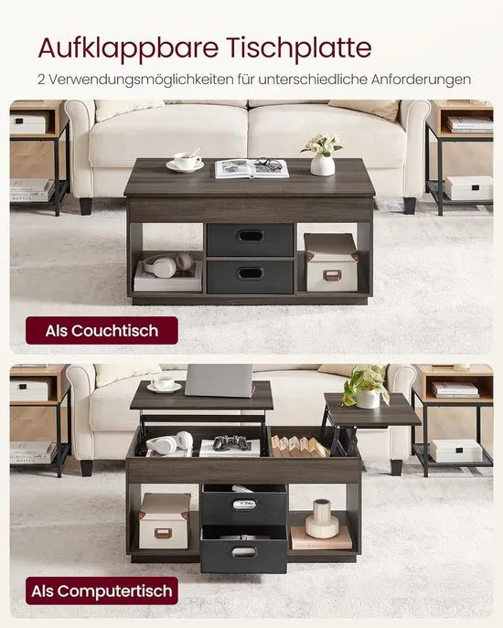 FurnStar – Salontafel – In hoogte verstelbaar – 2 laden & verborgen vakken – Moderne koffietafel – 50 x 100 x 48/62,3 cm – Havermoutbeige – Asbruin