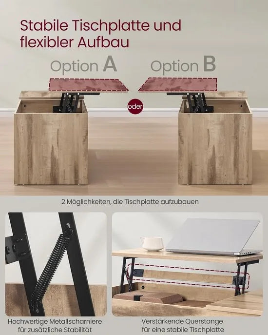 FurnStar – Salontafel – In hoogte verstelbaar – 2 laden & verborgen vakken – Moderne koffietafel – 50 x 100 x 48/62,3 cm – Havermoutbeige – Camelbruin-wolkenwit