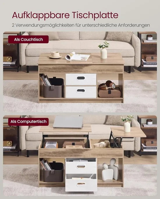 FurnStar – Salontafel – In hoogte verstelbaar – 2 laden & verborgen vakken – Moderne koffietafel – 50 x 100 x 48/62,3 cm – Havermoutbeige – Camelbruin-wolkenwit