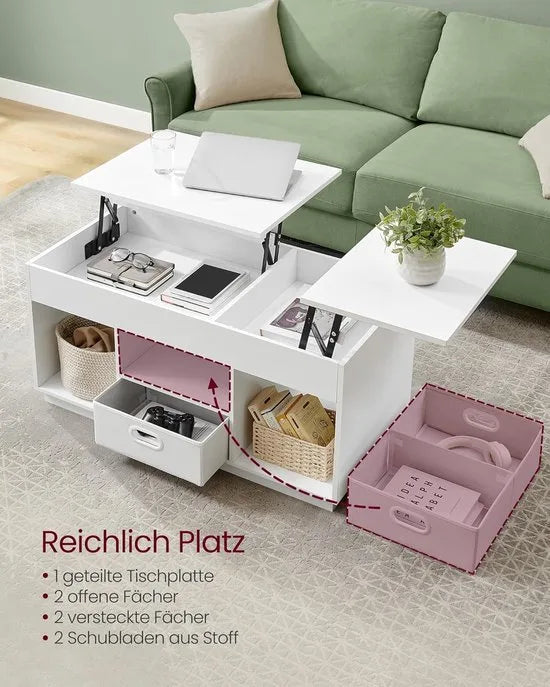 FurnStar – Salontafel – In hoogte verstelbaar – 2 laden & verborgen vakken – Moderne koffietafel – 50 x 100 x 48/62,3 cm – Havermoutbeige – Sneeuwwit