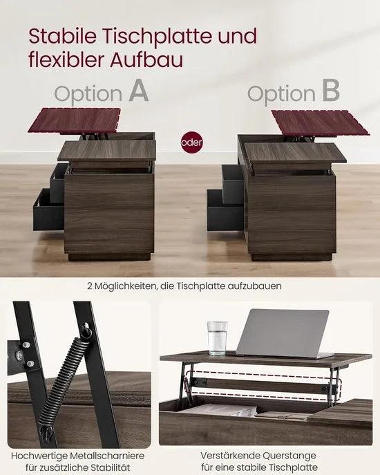 FurnStar – Salontafel – In hoogte verstelbaar – 2 laden & verborgen vakken – Moderne koffietafel – 50 x 100 x 48/62,3 cm – Havermoutbeige – Asbruin