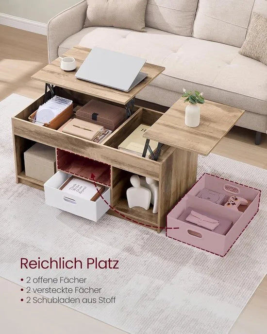 FurnStar – Salontafel – In hoogte verstelbaar – 2 laden & verborgen vakken – Moderne koffietafel – 50 x 100 x 48/62,3 cm – Havermoutbeige – Camelbruin-wolkenwit