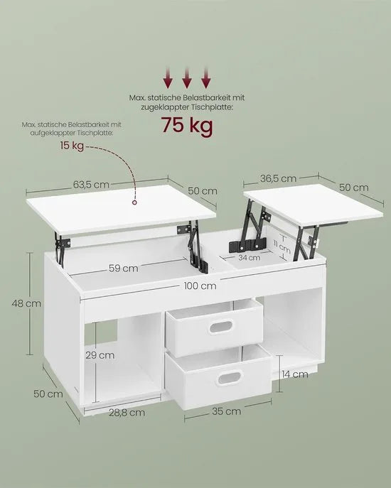 FurnStar – Salontafel – In hoogte verstelbaar – 2 laden & verborgen vakken – Moderne koffietafel – 50 x 100 x 48/62,3 cm – Havermoutbeige – Sneeuwwit