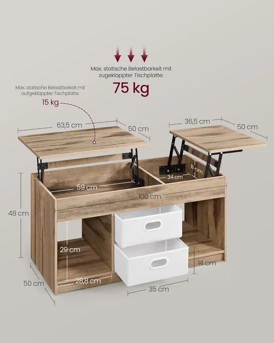 FurnStar – Salontafel – In hoogte verstelbaar – 2 laden & verborgen vakken – Moderne koffietafel – 50 x 100 x 48/62,3 cm – Havermoutbeige – Camelbruin-wolkenwit