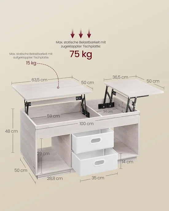 FurnStar – Salontafel – In hoogte verstelbaar – 2 laden & verborgen vakken – Moderne koffietafel – 50 x 100 x 48/62,3 cm – Havermoutbeige