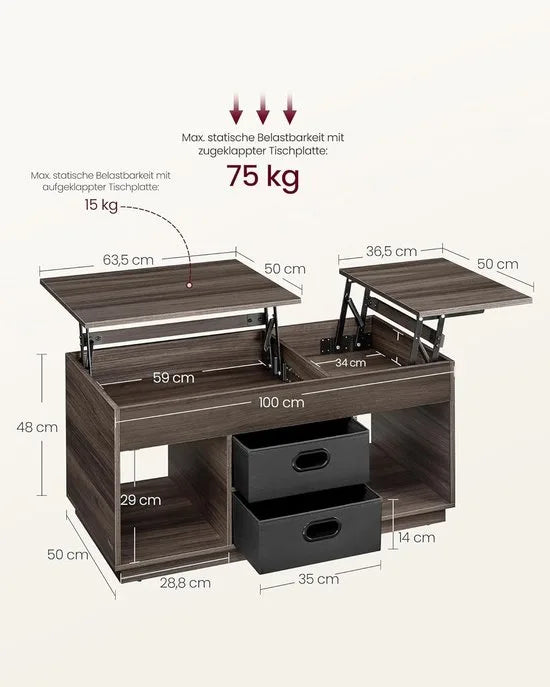 FurnStar – Salontafel – In hoogte verstelbaar – 2 laden & verborgen vakken – Moderne koffietafel – 50 x 100 x 48/62,3 cm – Havermoutbeige – Asbruin