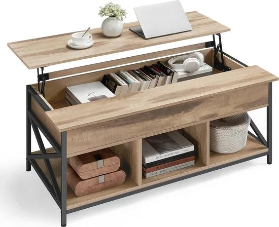 FurnStar - Salontafel - In Hoogte Verstelbare Woonkamertafel - Koffietafel - Open En Verborgen Opbergruimte - 60 X 100 X (48-62) Cm - Vintage Bruin-Zwart – Camel bruin-zwart 60 x 120