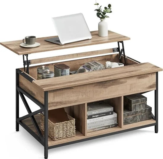 FurnStar - Salontafel - In Hoogte Verstelbare Woonkamertafel - Koffietafel - Open En Verborgen Opbergruimte - 60 X 100 X (48-62) Cm - Vintage Bruin-Zwart – Camel bruin-zwart 60 x 100