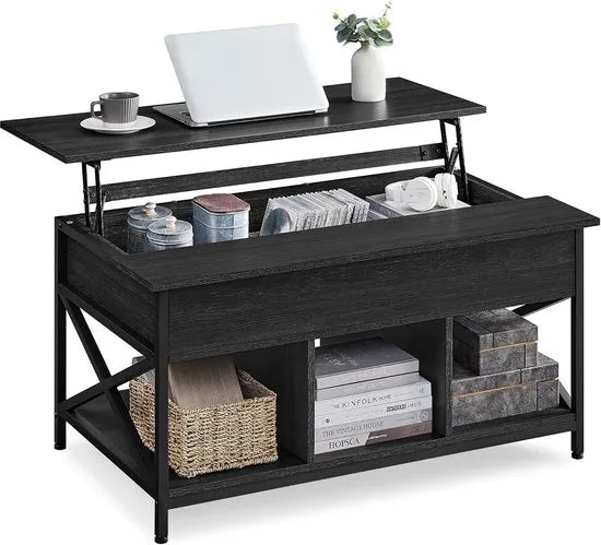 FurnStar - Salontafel - In Hoogte Verstelbare Woonkamertafel - Koffietafel - Open En Verborgen Opbergruimte - 60 X 100 X (48-62) Cm - Vintage Bruin-Zwart – Antraciet grijs-zwart 60 x 100