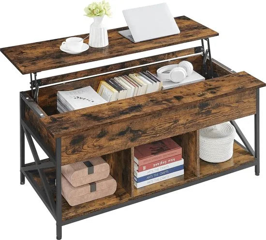 FurnStar - Salontafel - In Hoogte Verstelbare Woonkamertafel - Koffietafel - Open En Verborgen Opbergruimte - 60 X 100 X (48-62) Cm - Vintage Bruin-Zwart – Vintage bruin-zwart 60 x 120
