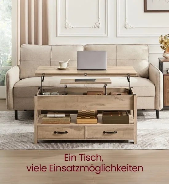 FurnStar - Salontafel - In Hoogte Verstelbare Woonkamertafel - Koffietafel - Open En Verborgen Opbergruimte - 60 X 100 X (48-62) Cm - Vintage Bruin-Zwart – Camel bruin 50 x 100