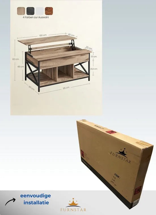 FurnStar - Salontafel - In Hoogte Verstelbare Woonkamertafel - Koffietafel - Open En Verborgen Opbergruimte - 60 X 100 X (48-62) Cm - Camel Bruin-Zwart