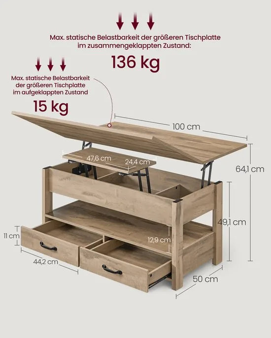 FurnStar - Salontafel - In Hoogte Verstelbare Woonkamertafel - Koffietafel - Open En Verborgen Opbergruimte - 50 X 100 X (49-64) Cm - Camel Bruin