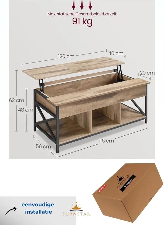 FurnStar - Salontafel - In Hoogte Verstelbare Woonkamertafel - Koffietafel - Open En Verborgen Opbergruimte - 60 X 100 X (48-62) Cm - Vintage Bruin-Zwart – Camel bruin-zwart 60 x 120