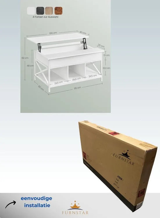 FurnStar - Salontafel - In Hoogte Verstelbare Woonkamertafel - Koffietafel - Open En Verborgen Opbergruimte - 60 X 100 X (48-62) Cm - Vintage Bruin-Zwart – Sneeuwwit 60 x 100
