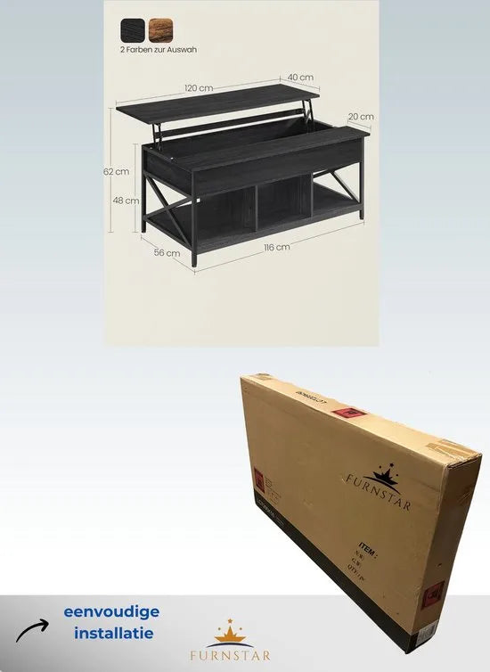 FurnStar - Salontafel - In Hoogte Verstelbare Woonkamertafel - Koffietafel - Open En Verborgen Opbergruimte - 60 X 100 X (48-62) Cm - Vintage Bruin-Zwart – Antraciet grijs-zwart 60 x 120