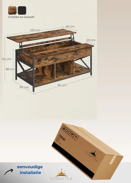 FurnStar - Salontafel - In Hoogte Verstelbare Woonkamertafel - Koffietafel - Open En Verborgen Opbergruimte - 60 X 100 X (48-62) Cm - Vintage Bruin-Zwart – Vintage bruin-zwart 60 x 120