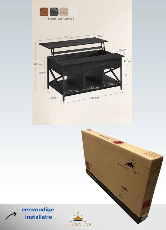 FurnStar - Salontafel - In Hoogte Verstelbare Woonkamertafel - Koffietafel - Open En Verborgen Opbergruimte - 60 X 100 X (48-62) Cm - Vintage Bruin-Zwart – Antraciet grijs-zwart 60 x 100