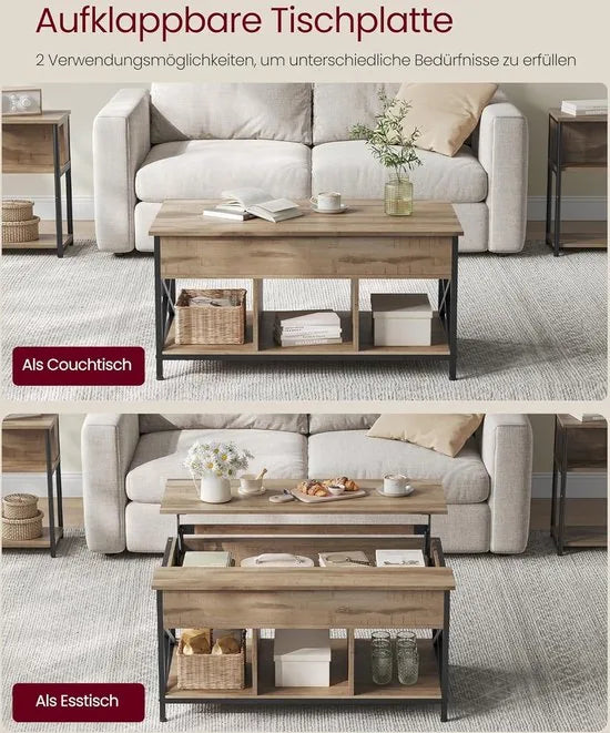 FurnStar - Salontafel - In Hoogte Verstelbare Woonkamertafel - Koffietafel - Open En Verborgen Opbergruimte - 60 X 100 X (48-62) Cm - Camel Bruin-Zwart