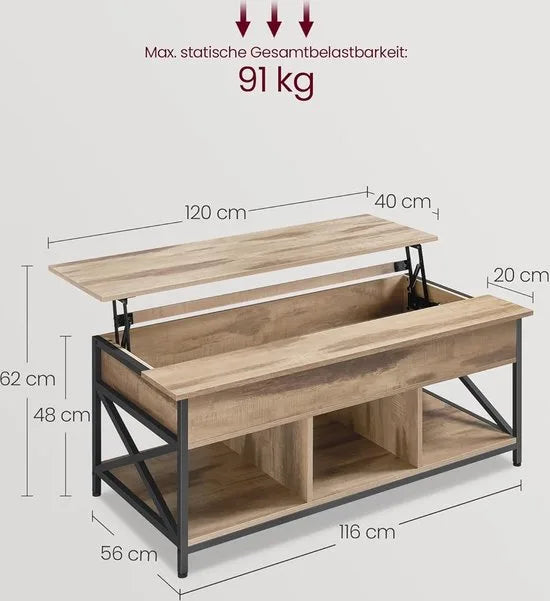 FurnStar - Salontafel - In Hoogte Verstelbare Woonkamertafel - Koffietafel - Open En Verborgen Opbergruimte - 60 X 100 X (48-62) Cm - Vintage Bruin-Zwart – Camel bruin-zwart 60 x 120